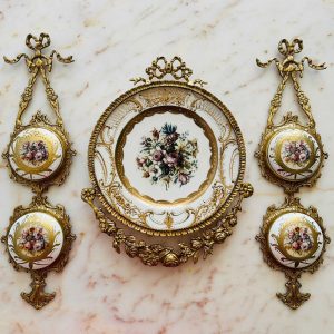 Hanging Wall Decor Set - Hand Painted Porcelain with Brass